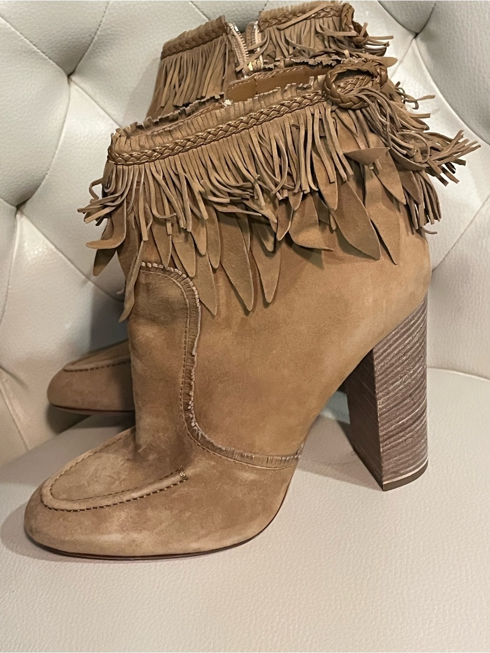 Aquazzura Designer Tan Suede Fringe Ankle Boots Size 8 39EU BOHO LUXURY